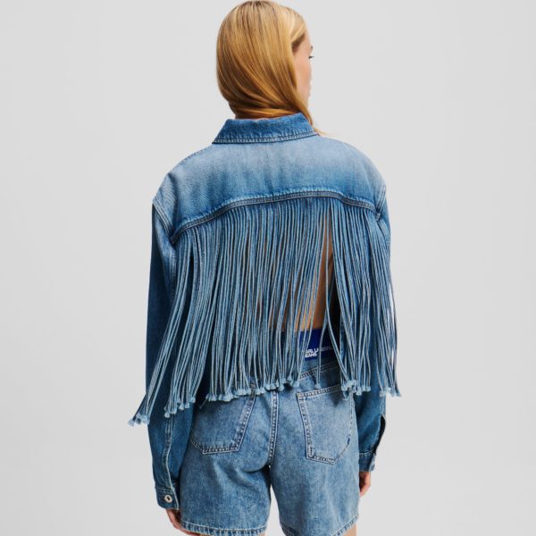 Karl Lagerfeld, Veste En Denim À Franges Décontractée, Femme, Bleu moyen lavé à la pierre, Taille: XXS