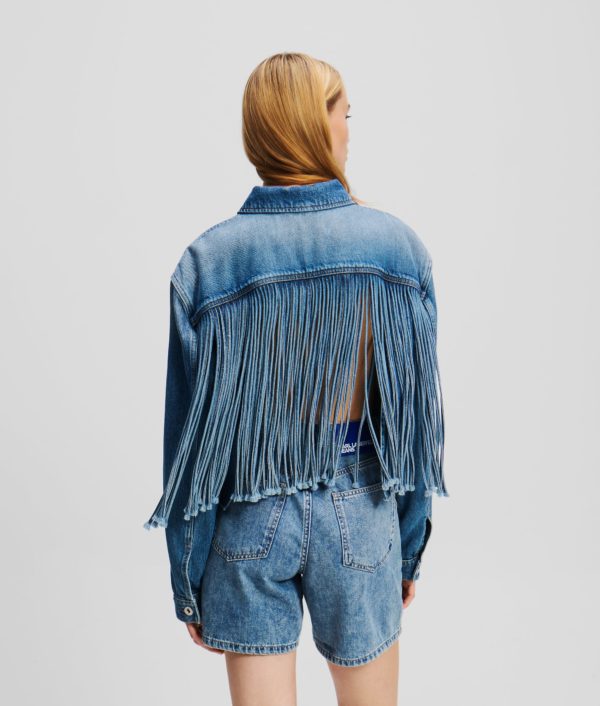 Karl Lagerfeld, Veste En Denim À Franges Décontractée, Femme, Bleu moyen lavé à la pierre, Taille: XXS