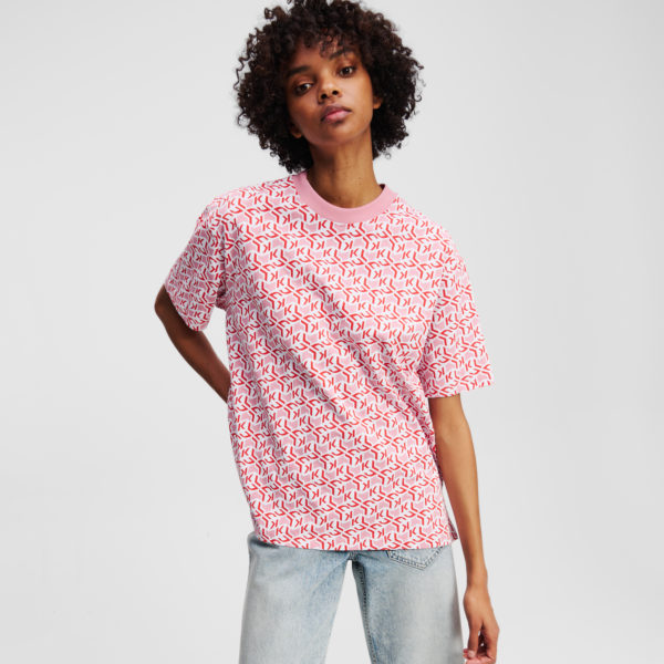 Karl Lagerfeld, T-shirt Avec Le Monogramme Klj Sur L’ensemble, Femme, Monogramme rouge sur toute la surface, Taille: XXS