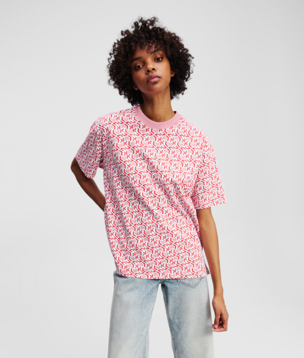 Karl Lagerfeld, T-shirt Avec Le Monogramme Klj Sur L'ensemble, Femme, Monogramme rouge sur toute la surface, Taille: XXS
