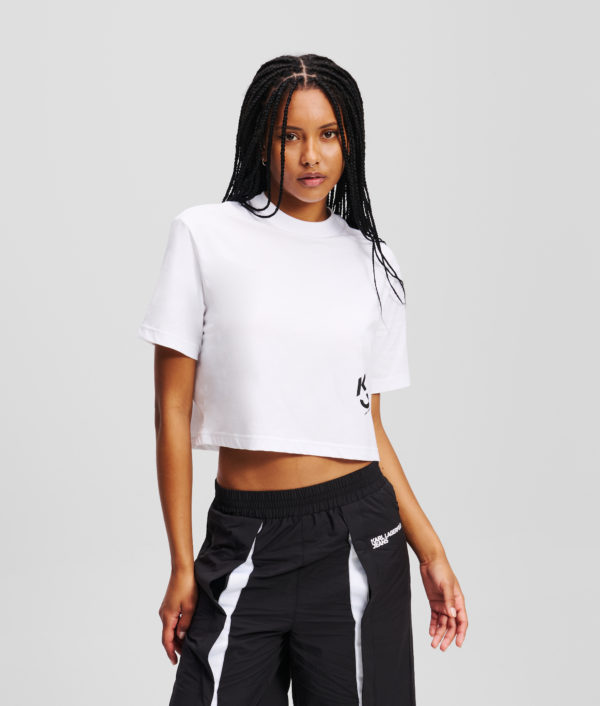 Karl Lagerfeld, T-shirt Cropped Klj Monogram, Femme, Blanc, Taille: XXS