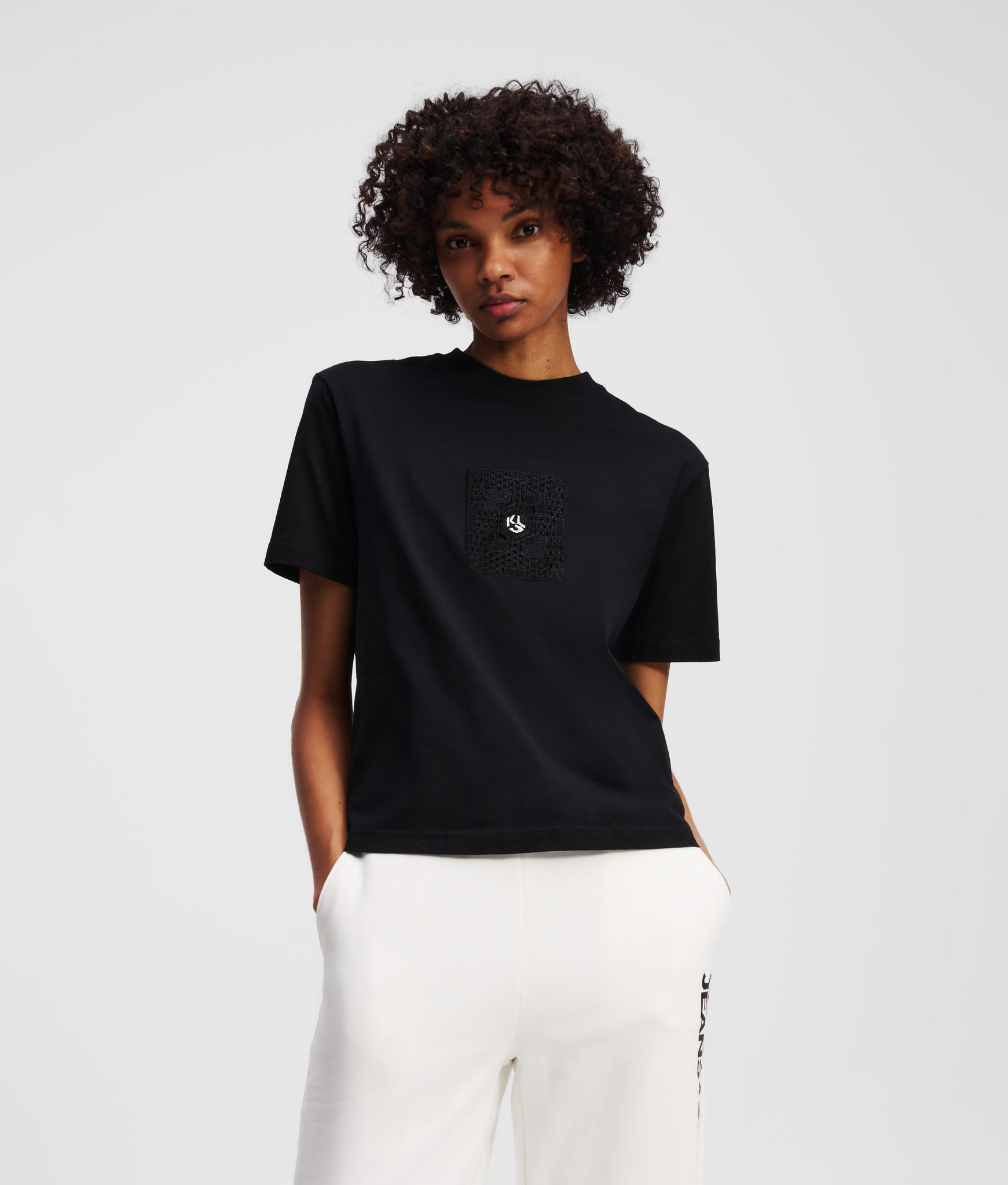 Karl Lagerfeld, T-shirt En Crochet Avec Le Monogramme Klj, Femme, Noir, Taille: XXS