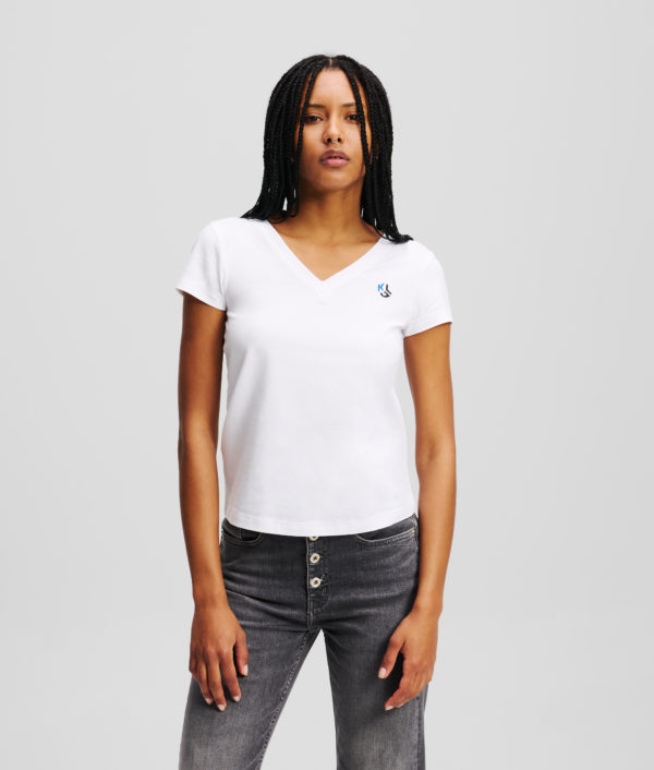 Karl Lagerfeld, T-shirt Ajusté À Col En V, Femme, Blanc, Taille: XXS