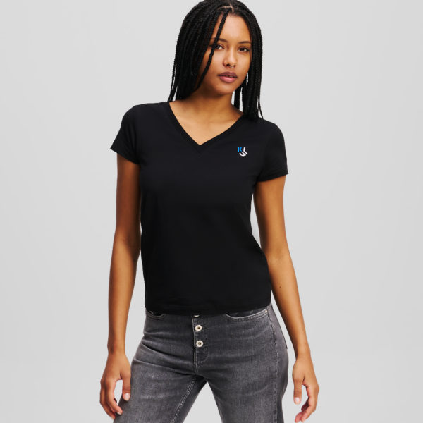 Karl Lagerfeld, T-shirt Ajusté À Col En V, Femme, Noir, Taille: XXS