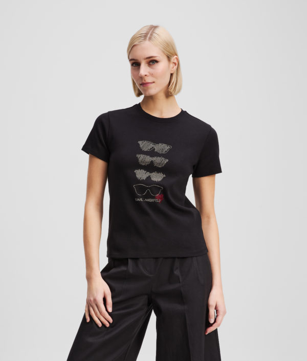 Karl Lagerfeld, T-shirt Avec Motif De Lunettes De Soleil En Strass, Femme, Noir, Taille: XXXL