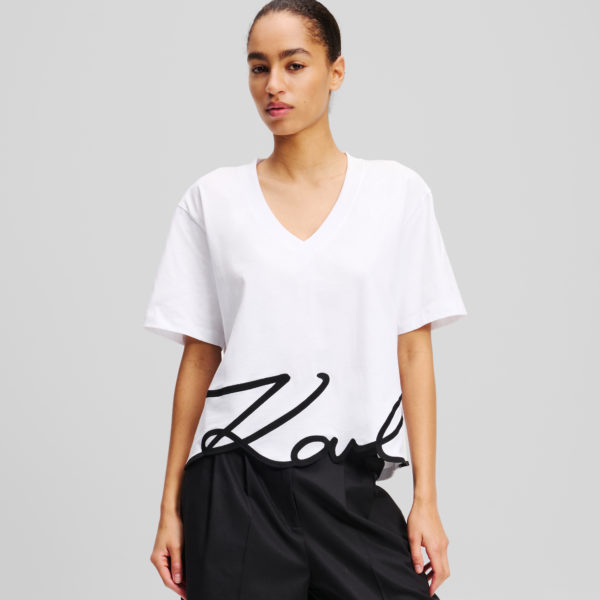 Karl Lagerfeld, T-shirt Col En V Karl Signature, Femme, Blanc, Taille: XXS