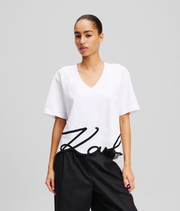 Karl Lagerfeld, T-shirt Col En V Karl Signature, Femme, Blanc, Taille: XXS