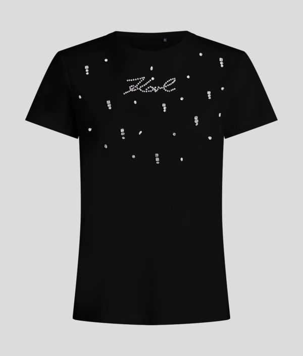 Karl Lagerfeld, T-shirt À Strass Avec Karl Signature, Femme, Noir, Taille: XXXL