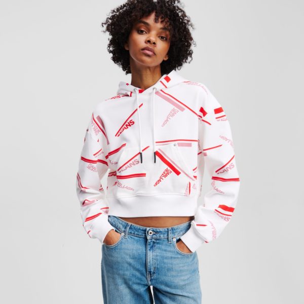 Karl Lagerfeld, Sweat À Capuche Cropped Détendu Avec Imprimé Intégral, Femme, Rouge Impression logo sportif, Taille: XXS