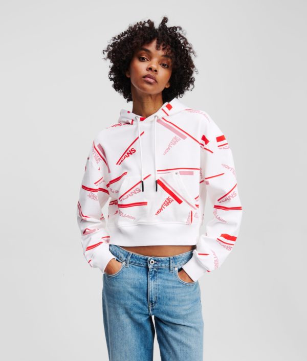 Karl Lagerfeld, Sweat À Capuche Cropped Détendu Avec Imprimé Intégral, Femme, Rouge Impression logo sportif, Taille: XXS