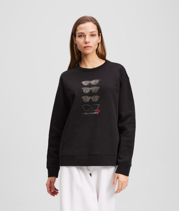 Karl Lagerfeld, Sweatshirt Avec Motif De Lunettes De Soleil En Strass, Femme, Noir, Taille: XXXL