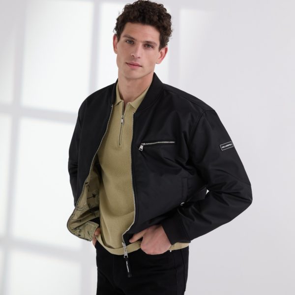 Karl Lagerfeld, Reversible Bomber Jacket, Homme, Noir-Beige Sketch All Over Print, Taille: XXXL