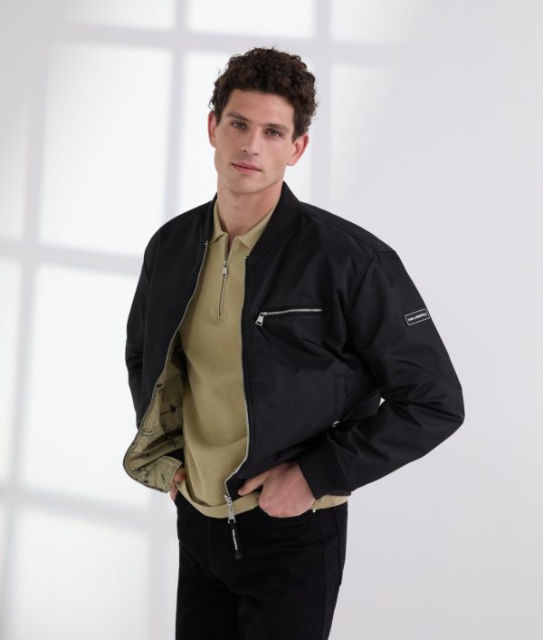 Karl Lagerfeld, Reversible Bomber Jacket, Homme, Noir-Beige Sketch All Over Print, Taille: XXXL