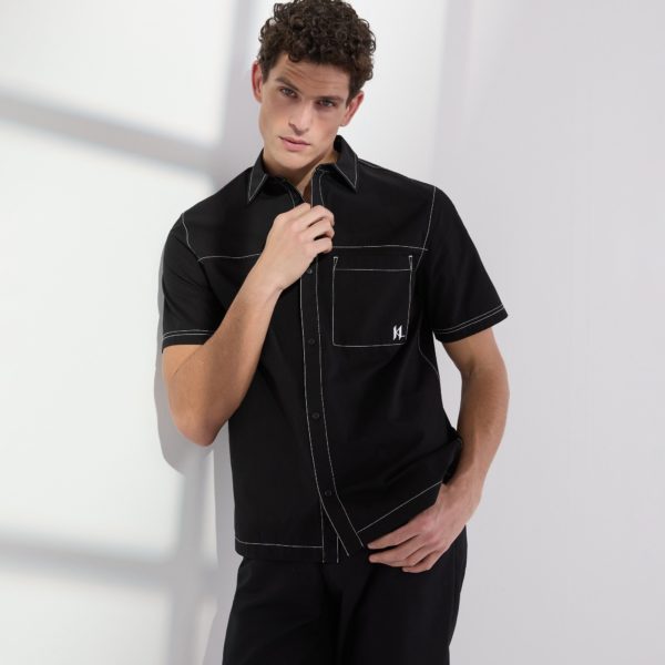 Karl Lagerfeld, Short-sleeved Contrast Stitch Shirt, Homme, Noir, Taille: XXS