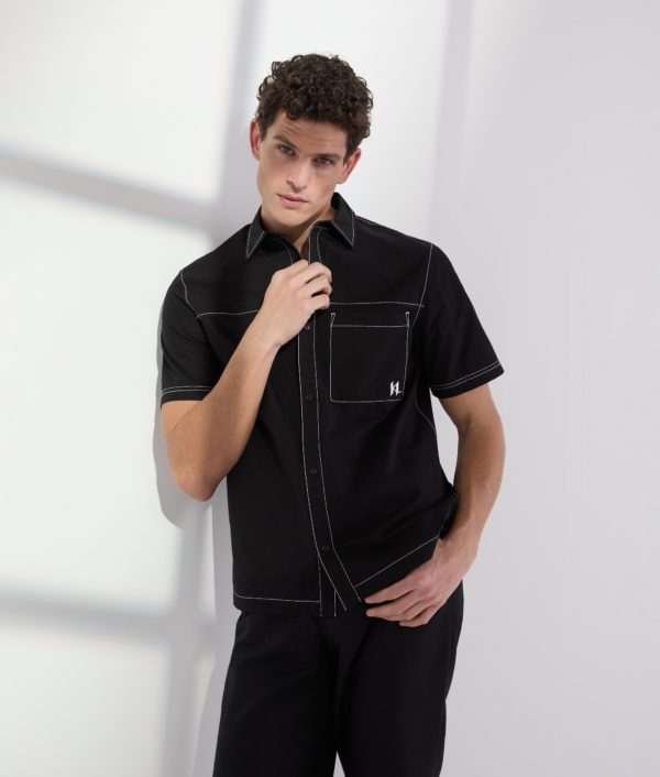 Karl Lagerfeld, Short-sleeved Contrast Stitch Shirt, Homme, Noir, Taille: XXS