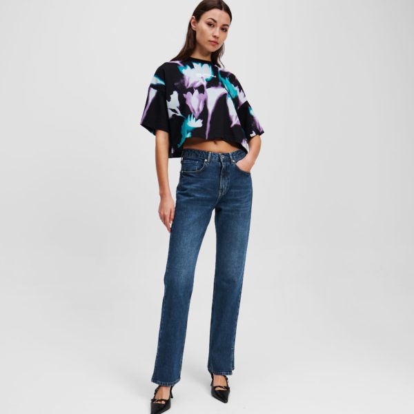 Karl Lagerfeld, Jean Droit À Taille Haute Avec Ourlet Fendu, Femme, Bleu foncé délavé, Taille: L3232