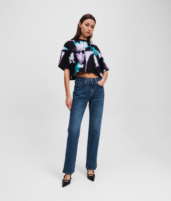 Karl Lagerfeld, Jean Droit À Taille Haute Avec Ourlet Fendu, Femme, Bleu foncé délavé, Taille: L3232