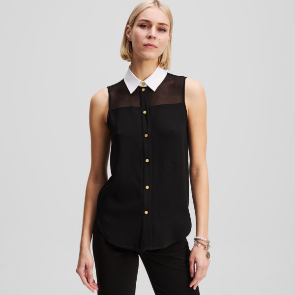 Karl Lagerfeld, Poplin Collar Sleeveless Blouse, Femme, Noir, Taille: X48