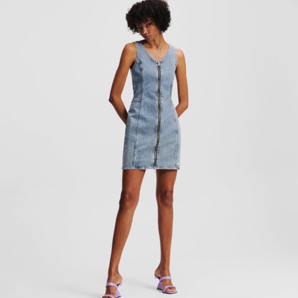 Karl Lagerfeld, Robe En Denim À Col En V, Femme, Bleu clair vintage, Taille: XXS