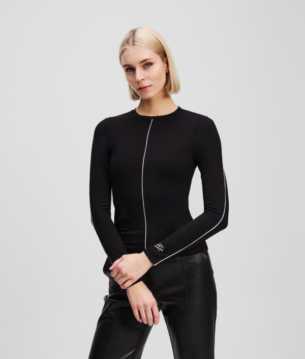 Karl Lagerfeld, Contrast Piping Long-sleeved Top, Femme, Noir, Taille: XXS