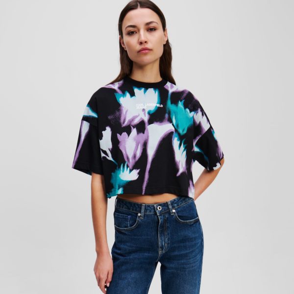 Karl Lagerfeld, T-shirt Cropped À Imprimé Floral, Femme, Imprimé floral sur tout le corps Noir, Taille: XXS