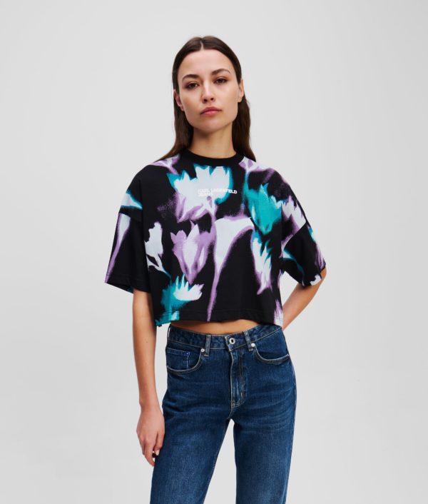 Karl Lagerfeld, T-shirt Cropped À Imprimé Floral, Femme, Imprimé floral sur tout le corps Noir, Taille: XXS