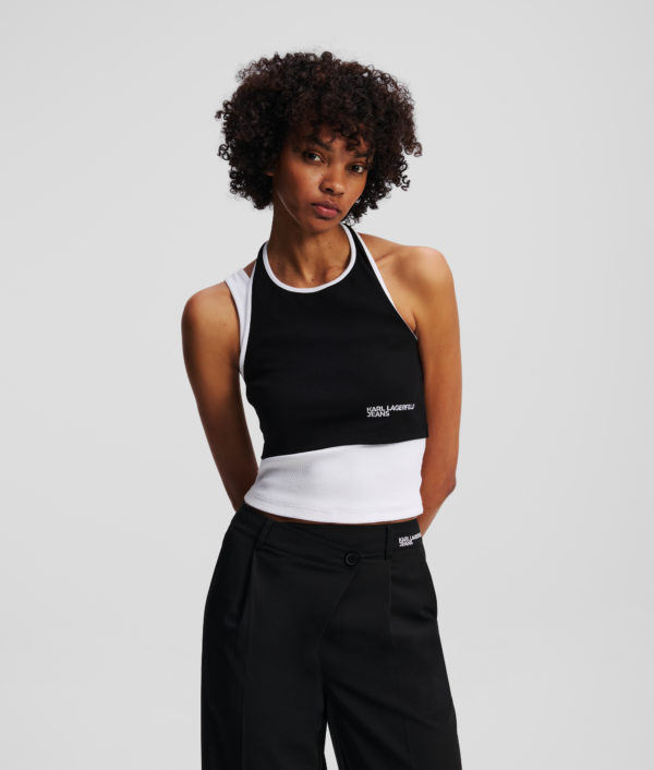 Karl Lagerfeld, Débardeur Côtelé Effet Superposé, Femme, Noir/Blanc, Taille: XXS