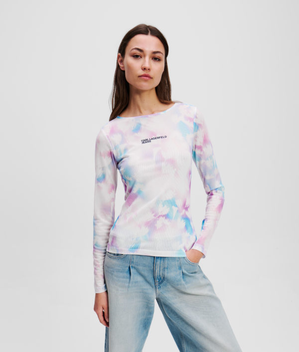 Karl Lagerfeld, T-shirt En Maille Avec Imprimé Floral, Femme, Impression Florale Blanche sur Toute la Surface, Taille: XXS