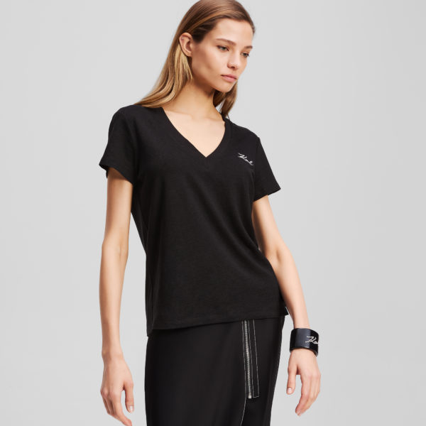Karl Lagerfeld, Karl Signature V-neck T-shirt, Femme, Noir, Taille: XXXL
