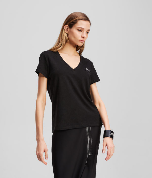 Karl Lagerfeld, Karl Signature V-neck T-shirt, Femme, Noir, Taille: XXXL