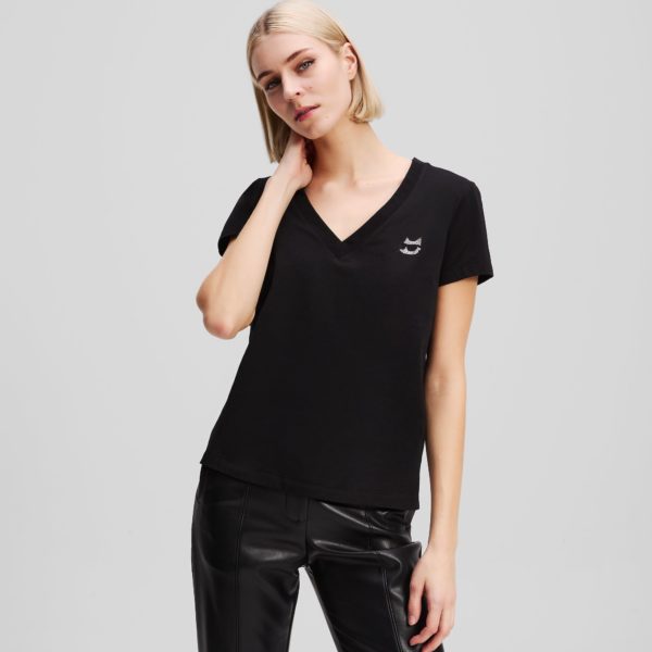 Karl Lagerfeld, Rhinestone Ikon Choupette V-neck T-shirt, Femme, Noir, Taille: XXXL