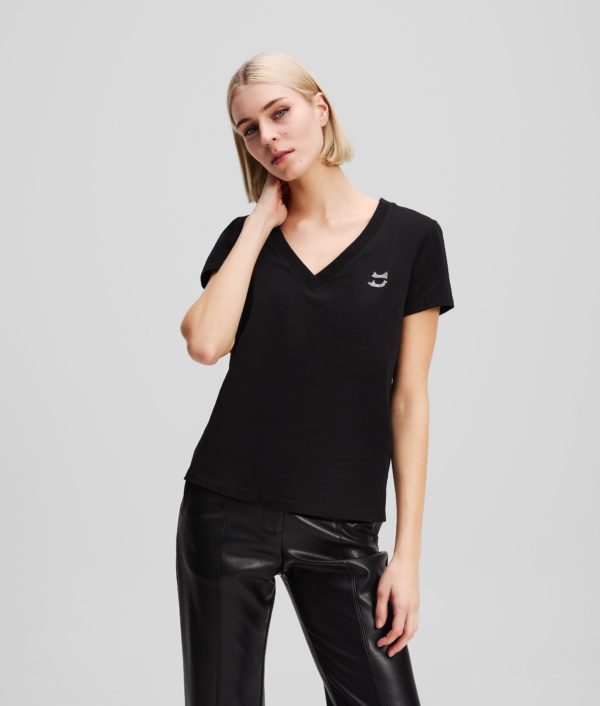 Karl Lagerfeld, Rhinestone Ikon Choupette V-neck T-shirt, Femme, Noir, Taille: XXXL
