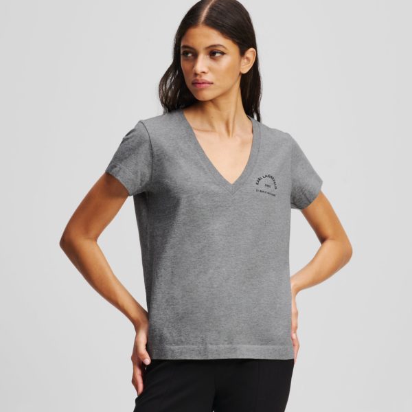Karl Lagerfeld, Rue St-guillaume V-neck T-shirt, Femme, Gris Chiné Clair, Taille: XXXL