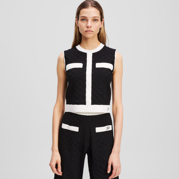 Karl Lagerfeld, Contrast Piping Knit Top, Femme, Noir, Taille: XXS