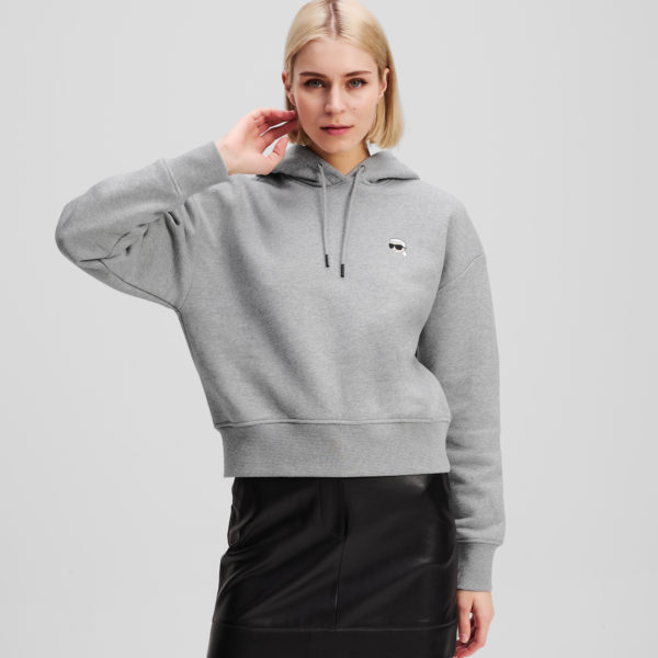 Karl Lagerfeld, Ikon Patch Cropped Hoodie, Femme, Gris Chiné Clair, Taille: XXXL