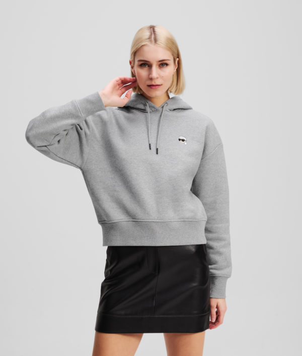Karl Lagerfeld, Ikon Patch Cropped Hoodie, Femme, Gris Chiné Clair, Taille: XXXL