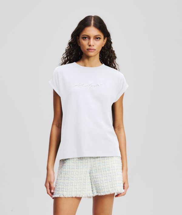 Karl Lagerfeld, T-shirt À Strass Karl Signature, Femme, Blanc, Taille: XXXL
