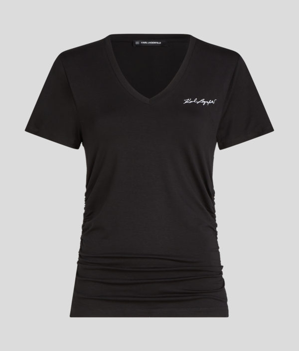 Karl Lagerfeld, T-shirt Froncé À Col V Karl Signature, Femme, Noir, Taille: XXXL