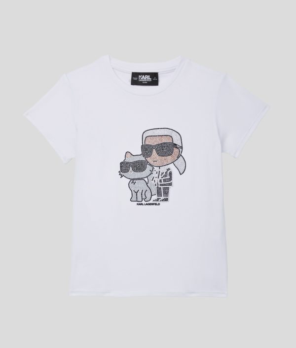 Karl Lagerfeld, T-shirt À Strass Ikon Pour Filles, unisex, Blanc, Taille: L8Y