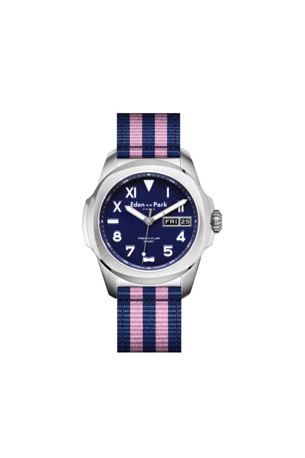 Montre À Quartz Indicateur Date Fond Bleu Bracelet Nato Rayé Eden Park
