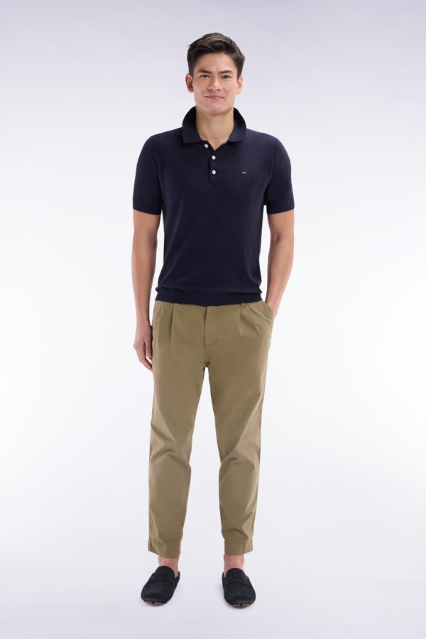 Pantalon Chino À Plis En Coton Stretch Kaki Coupe Droite Eden Park