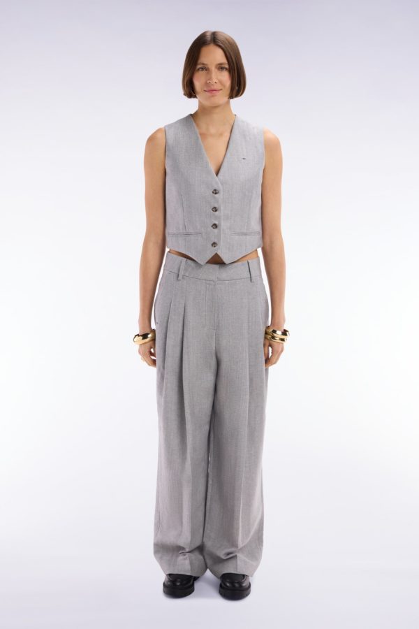 Pantalon Chevron À Plis En Laine Et Lin Gris Eden Park – Image 2