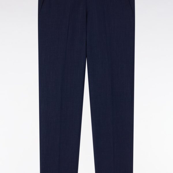 Pantalon À Taille Élastiquée En Laine Et Coton Stretch Mélangés Marine Eden Park