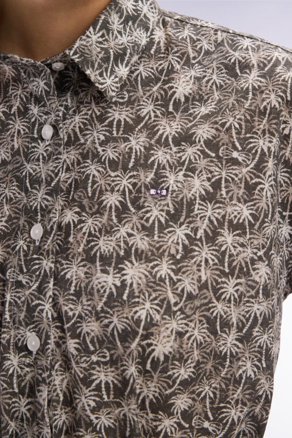 Robe Manches Courtes En Coton Kaki Imprimé Palmiers Coupe Décontractée Eden Park – Image 4