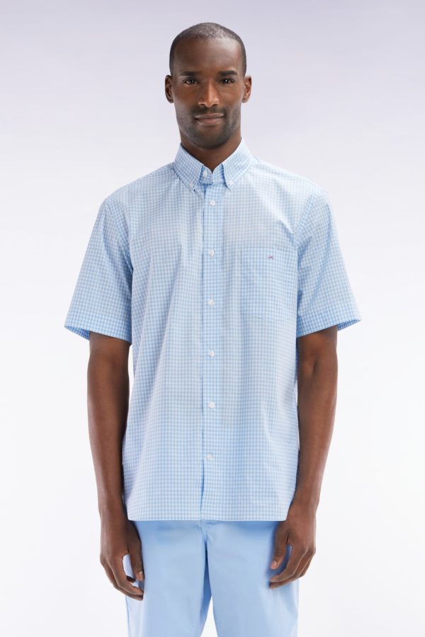 Chemise À Manches Courtes Vichy En Coton Ciel Coupe Droite Eden Park