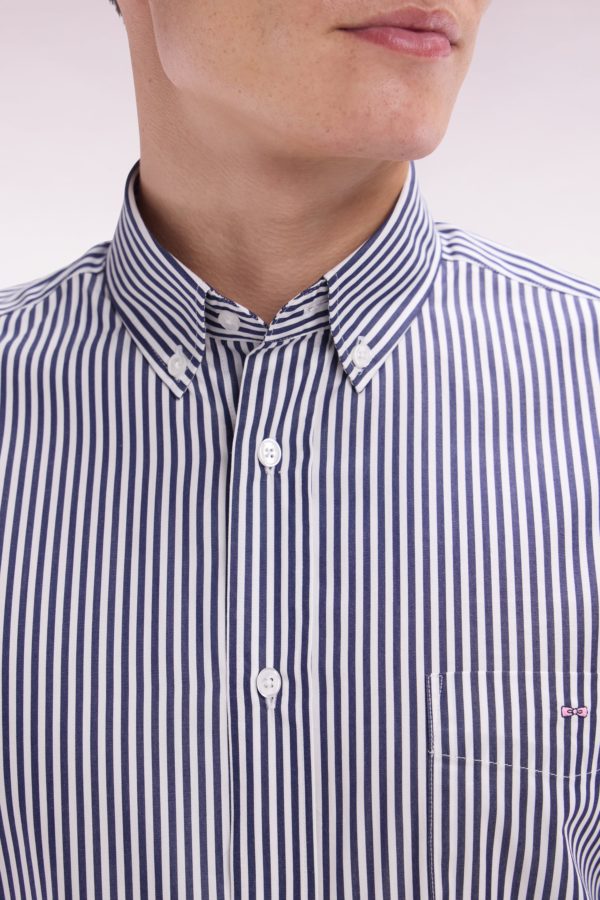 Chemise À Manches Courtes En Coton Rayé Bleu Foncé Coupe Droite Eden Park – Image 4