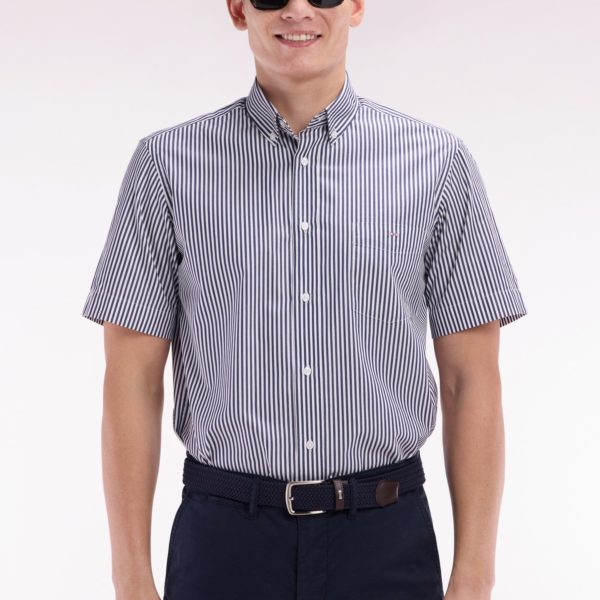 Chemise À Manches Courtes En Coton Rayé Bleu Foncé Coupe Droite Eden Park