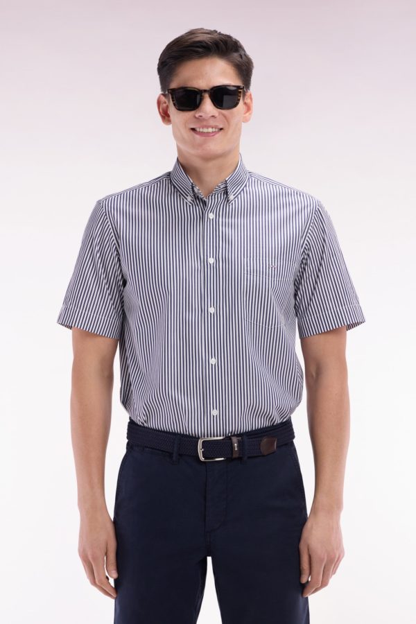 Chemise À Manches Courtes En Coton Rayé Bleu Foncé Coupe Droite Eden Park