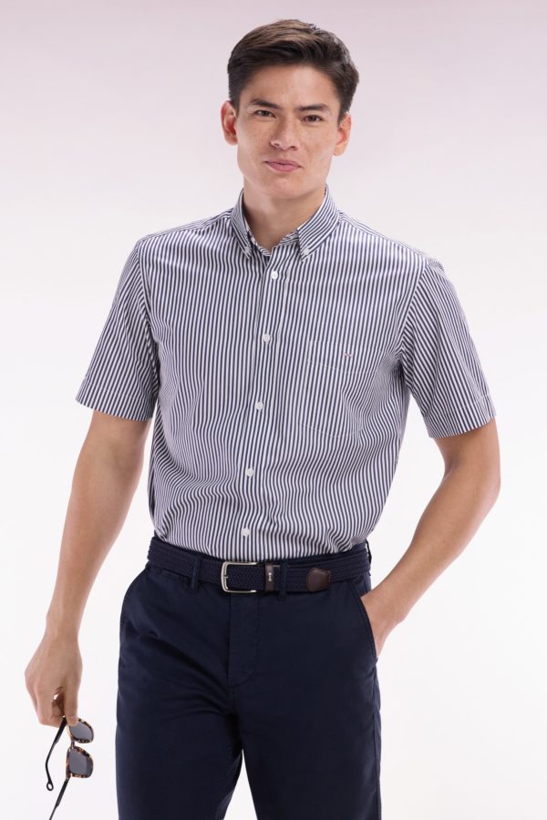 Chemise À Manches Courtes En Coton Rayé Bleu Foncé Coupe Droite Eden Park – Image 2
