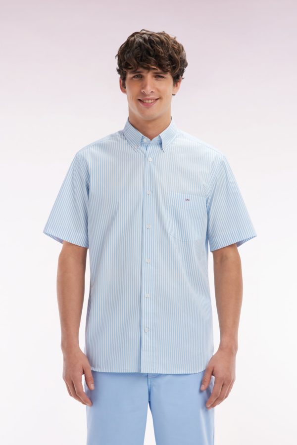 Chemise À Manches Courtes En Coton Rayé Ciel Coupe Droite Eden Park